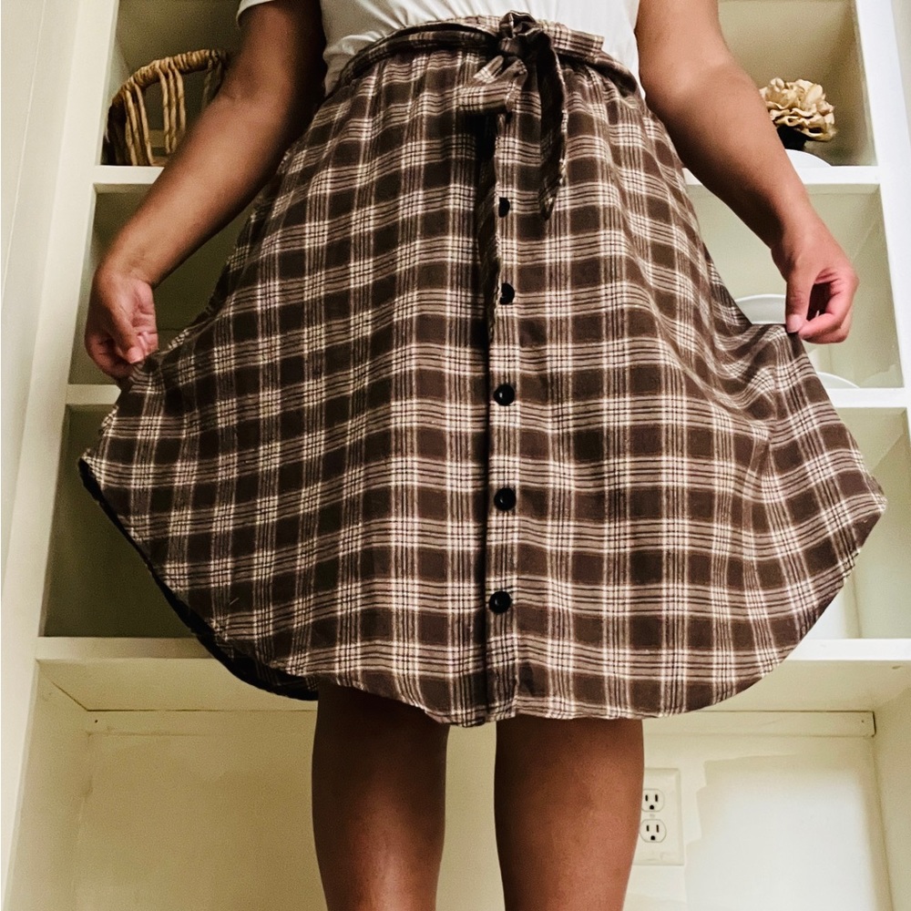 Brown Plaid Asymmetrical Skirt with Belt-loop Tie